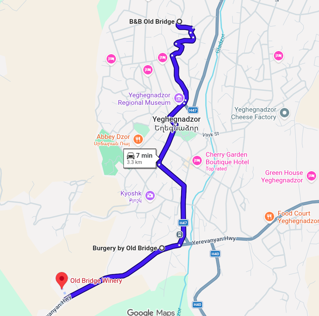 Map showing Old Bridge Winery, Burgerry & Pizzeria, and Bed & Breakfast in Yeghegnadzor