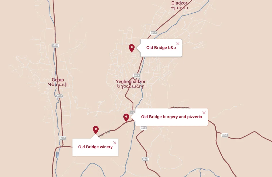 Map showing Old Bridge Winery, Burgery & Pizzeria, and Bed & Breakfast in Yeghegnadzor